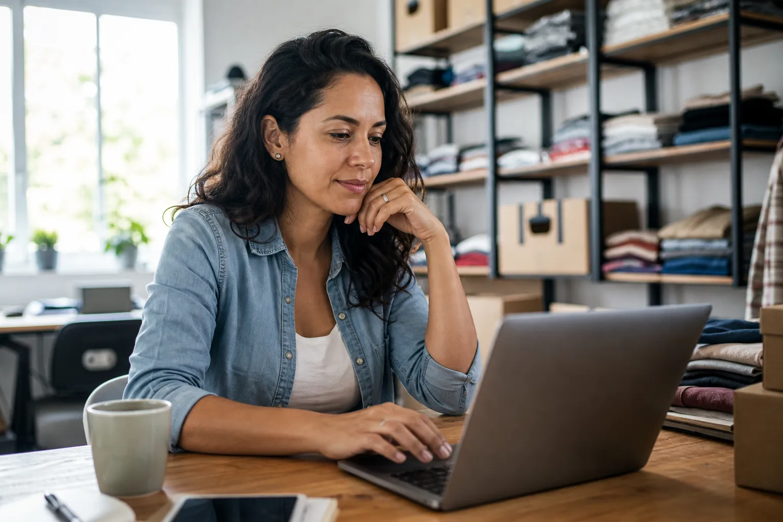 Dona de loja virtual confere no notebook os pedidos do dia, no estoque da própria loja