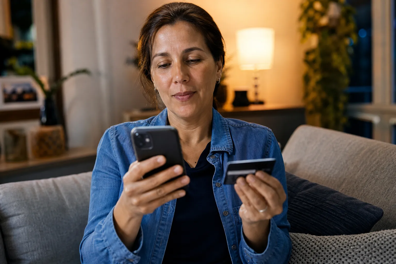 Cliente olha o celular no sofá de casa antes de concluir uma compra online